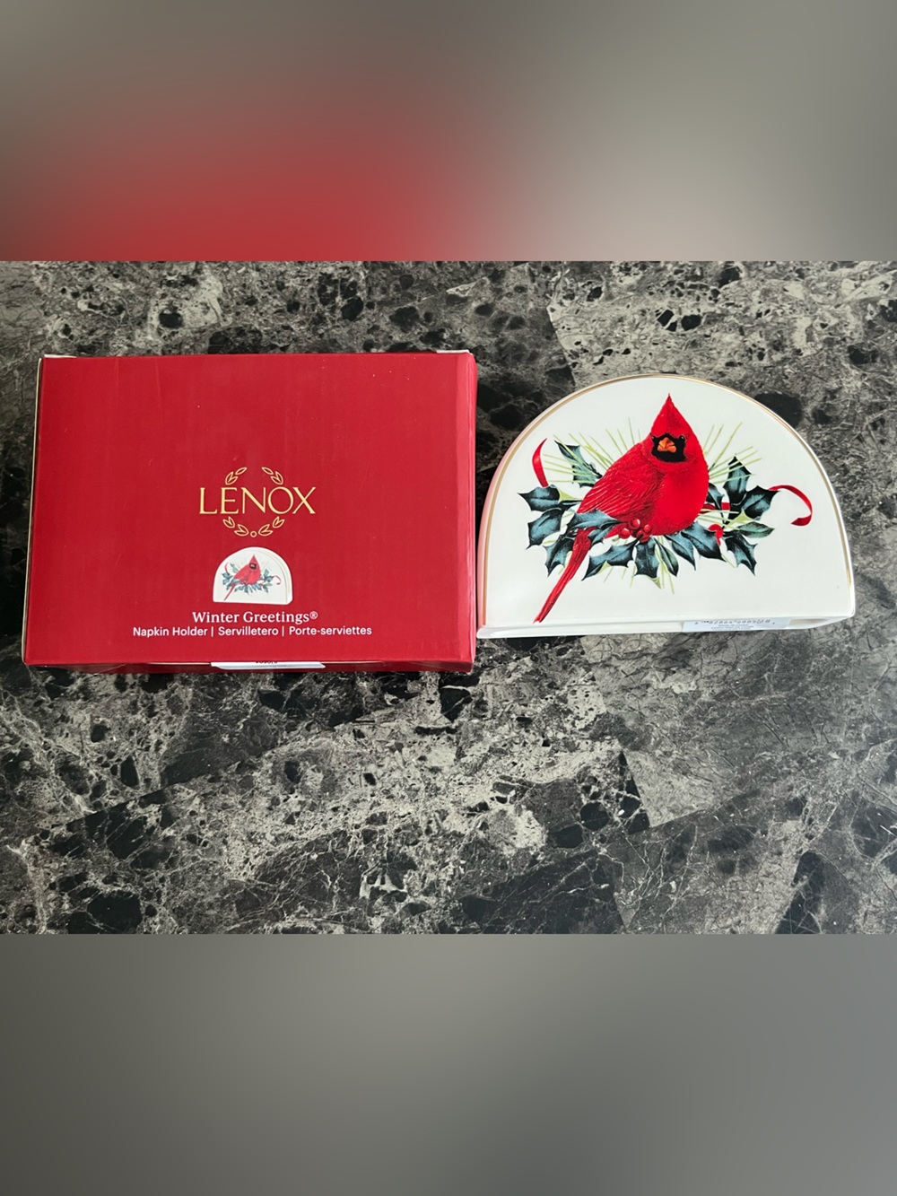 Lenox Porcelain 24K Gold Accents Red Cardinal Napkin Holder Winter Greetings
